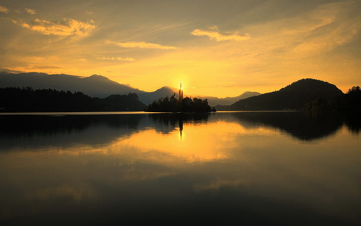 Eslovenia, lago Bled, iglesia, amanecer, sol, Eslovenia, lago, Bled, iglesia, amanecer, sol, Fondo de pantalla HD