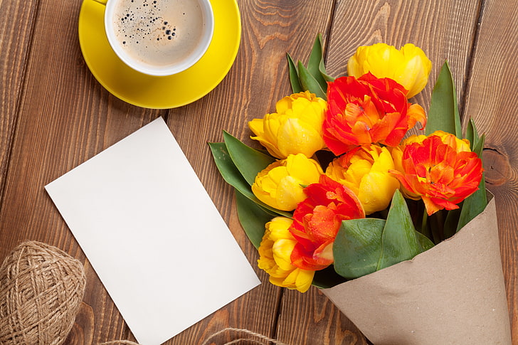 flowers, coffee, yellow, Cup, tulips, red, romantic, a bouquet of tulips, HD wallpaper