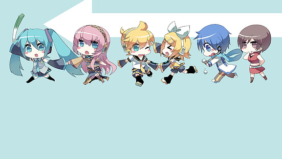 Аниме, Vocaloid, Chibi, Hatsune Miku, Kaito (Vocaloid), Len Kagamine, Luka Megurine, Meiko (Vocaloid), Rin Kagamine, HD тапет HD wallpaper