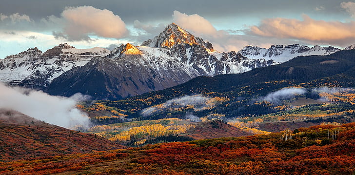 горы, колорадо, пейзаж, долина, осень, лес, скалистые горы, снежная гора, красные листья, HD обои