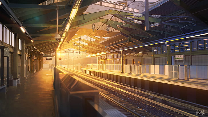 anime, zachód słońca, stacja kolejowa, moescape, Tapety HD