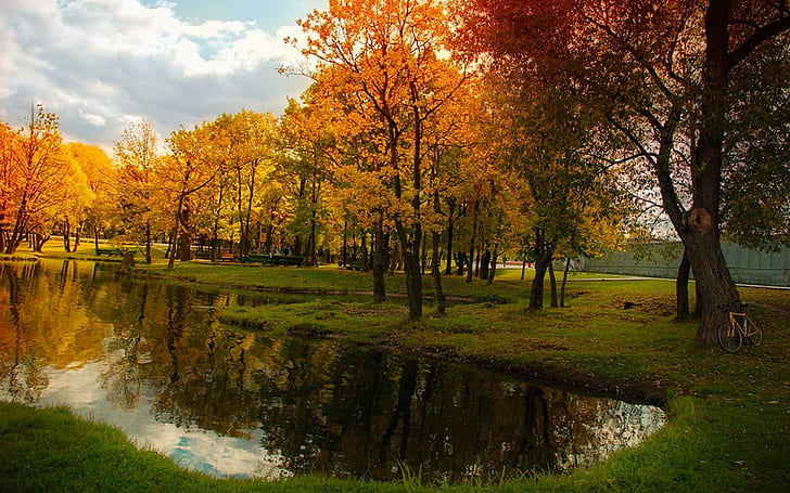 風景、自然、池、秋、自転車、木、反射、ロシア、風景、自然、池、秋、自転車、木、反射、ロシア、1920x1200、 HDデスクトップの壁紙