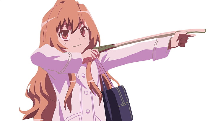 female anime character illustration, aisaka taiga, toradora, girl, pink hair, smile, boom, bag, HD wallpaper