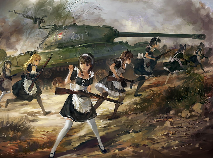 група жени, държащи пушка тапет, аниме, прислужница, война, прислужница, фентъзи изкуство, IS-3, танк, френска прислужница, аниме момичета, Мосин-Нагант, ППШ-41, момичета с оръжия, HD тапет