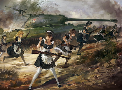 група жени, държащи пушка тапет, аниме, прислужница, война, прислужница, фентъзи изкуство, IS-3, танк, френска прислужница, аниме момичета, Мосин-Нагант, ППШ-41, момичета с оръжия, HD тапет HD wallpaper