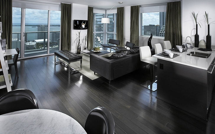weiß-schwarzer Essbereich, Raum, Wohnzimmer, Möbel, Interieur, HD-Hintergrundbild