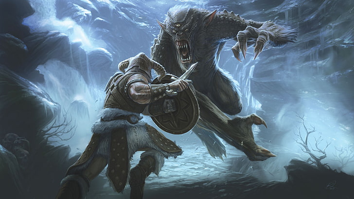 barbarian fighting monster digital wallpaper, fantasy art, trolls, The Elder Scrolls V: Skyrim, video games, artwork, digital art, HD wallpaper