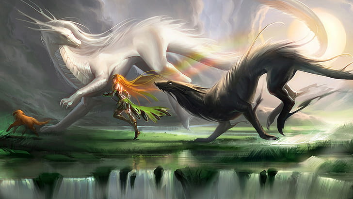 dragon, creature, love, fantasy art, HD wallpaper