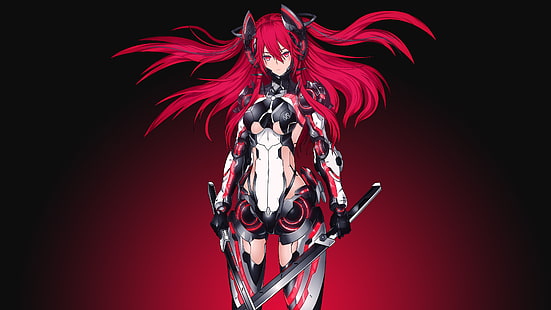 karakter anime wanita berambut merah, Mecha Girl, Red, Warrior, Katana, 4K, Wallpaper HD HD wallpaper