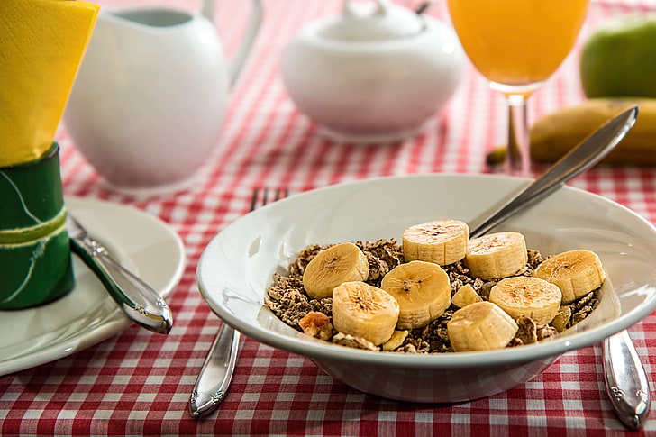 banana, bowl, breakfast, cereal, cutlery, diet, food, fruit, grain, table, HD wallpaper