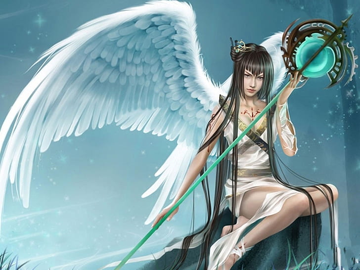 Angel HD ، رسم توضيحي لامرأة ملائكية ذات شعر أسود ، خيال ، ملاك، خلفية HD