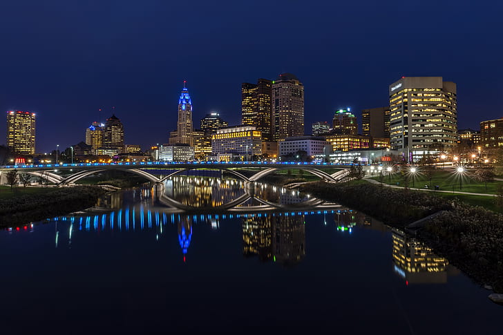 photo, Home, Bridge, Night, The city, River, USA, Ohio, Columbus, Street lights, HD wallpaper