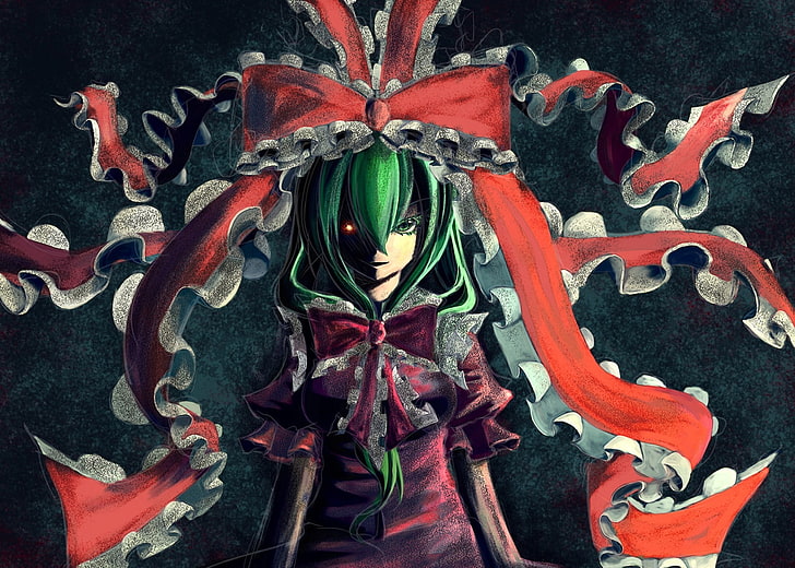 green haired female anime character illustration, touhou, kagiyama hina, girl, bow, art, HD wallpaper