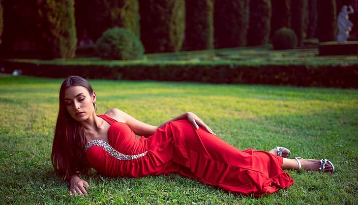 women, model, women outdoors, brunette, lying on side, red dress, dress, red clothing, grass, HD wallpaper