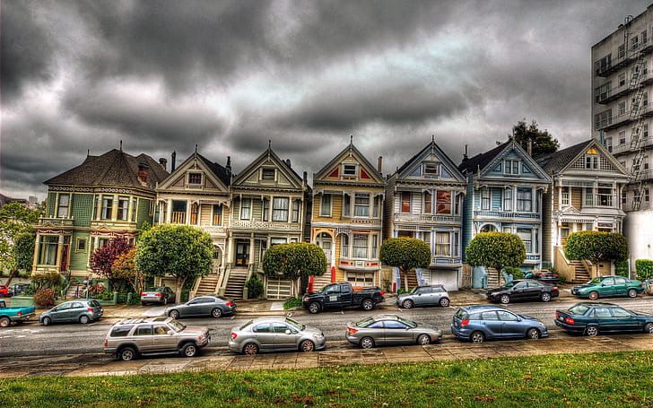 San Francisco, Victorian, houses, car, cloudy sky, car and house lot, Francisco, Victorian, Houses, Car, Cloudy, Sky, HD wallpaper
