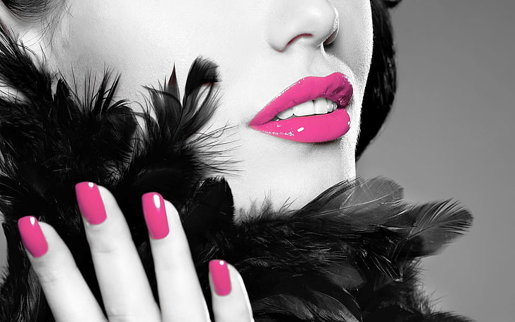 pink lipstick and manicure, lips, girl, face, lipstick, make-up, HD wallpaper