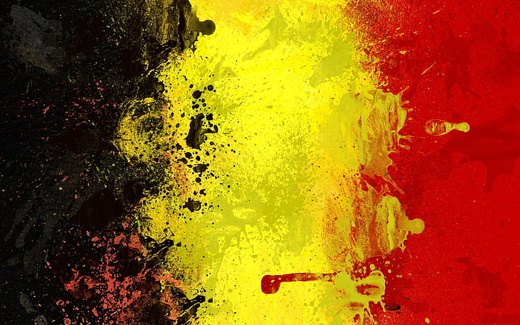 pintura de splatter preto, amarelo e vermelho, bélgica, bandeira, plano de fundo, cor, textura, simbolismo, HD papel de parede
