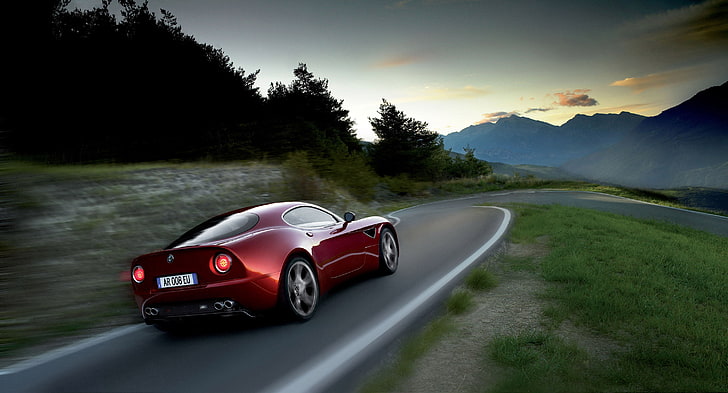 red coupe, road, mountains, red, speed, alfa romeo, 8c competizione, HD wallpaper