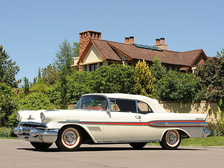 Pontiac Bonneville เปิดประทุน 1957 รถ Muscle สีขาวและสีแดง Pontiac Bonneville เปิดประทุน 1957 ความงามสีขาวเพนต์เฮาส์พื้นหลังแบบ HD ที่ดีที่สุด, วอลล์เปเปอร์ HD