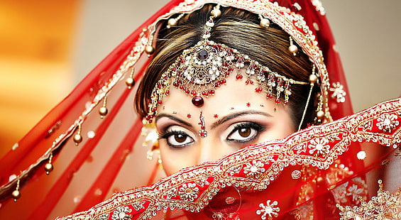 インドの花嫁、女性の赤いヒジャーブヘッドドレス、女の子、花嫁、赤いドレス、インドの花嫁、 HDデスクトップの壁紙 HD wallpaper