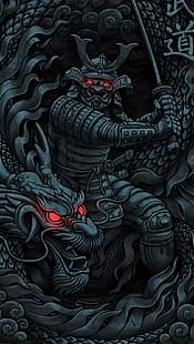 самурай, дракон, тъмен, HD тапет HD wallpaper