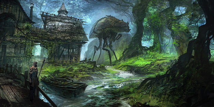 горска живопис, The Elder Scrolls III: Morrowind, рисунка, произведения на изкуството, фентъзи изкуство, видео игри, река, гора, концептуално изкуство, дървета, лодка, езеро, корени, feng zhu, HD тапет