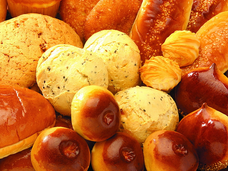 mazzo di pane cotto, panini, pasticcini, dolci, bianco, Sfondo HD