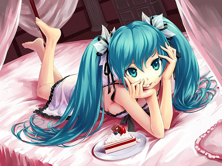 anime, bed, cake, girls, hair, hatsune, miku, vocaloid, HD wallpaper