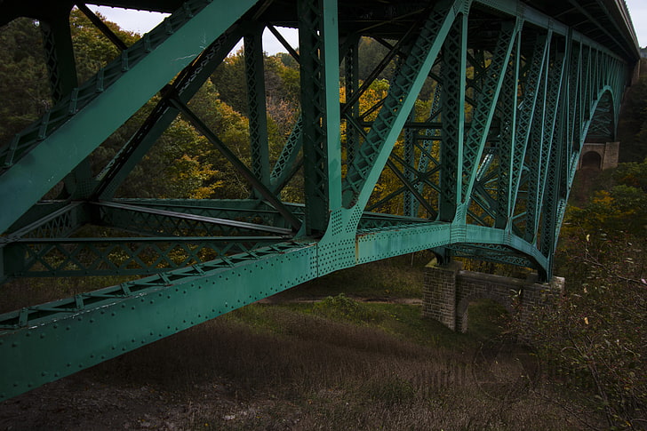green metal framed bridge, fall, river, bridge, HD wallpaper
