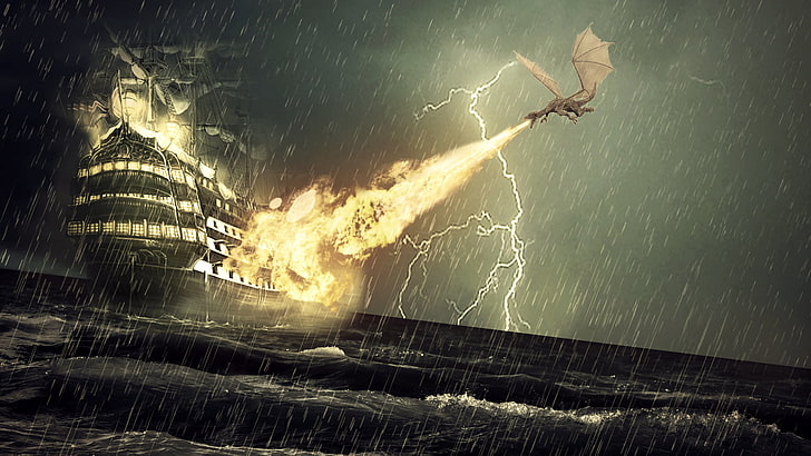 gray dragon illustration, dragon, ship, storm, rain, HD wallpaper