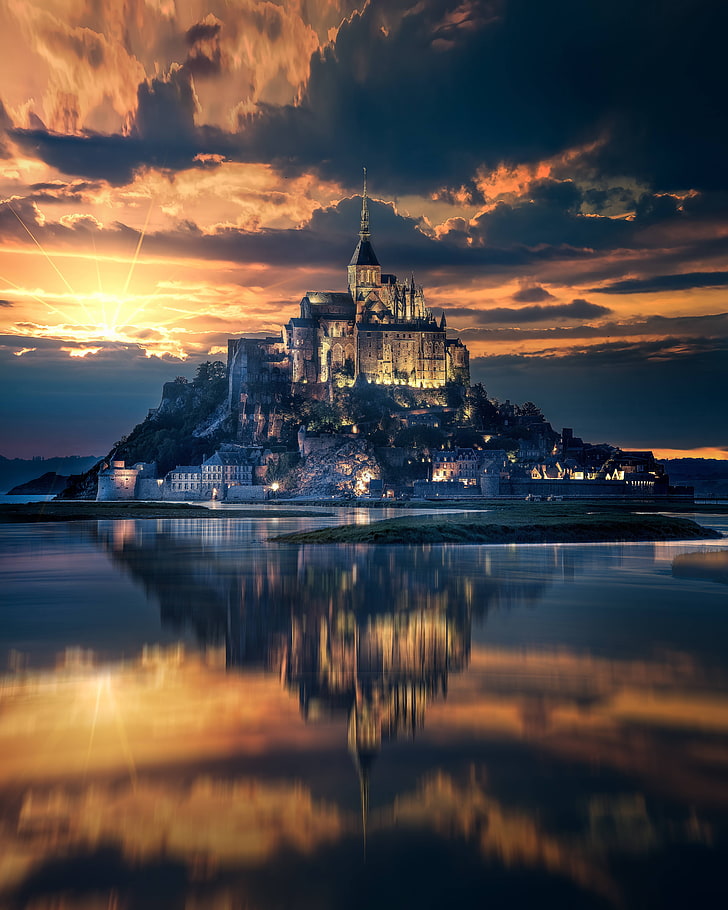 illustrazione del castello grigio e bianco, mont-saint-michel, francia, isola, castello, Sfondo HD, sfondo telefono