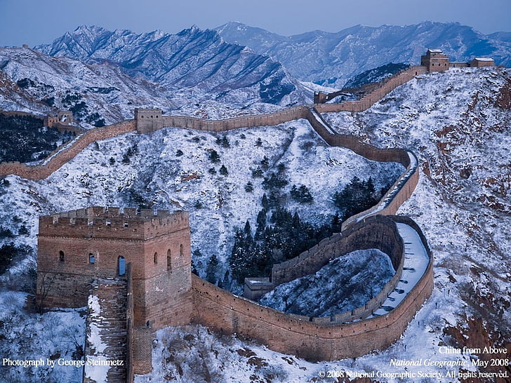 древние, архитектура, здание, Великая китайская стена, снег, Азия, HD обои