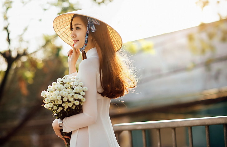 hat, flowers, Asian, women, model, áo dài, vietnamese, nón lá, HD wallpaper