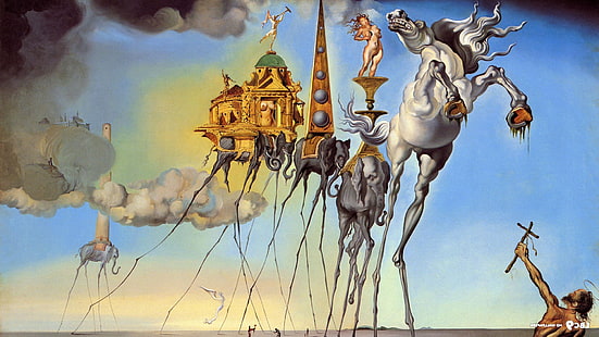 Arte classica, orologi, fantasy art, pittura, Salvador Dalí, teschio, tempo, guerra, Sfondo HD HD wallpaper