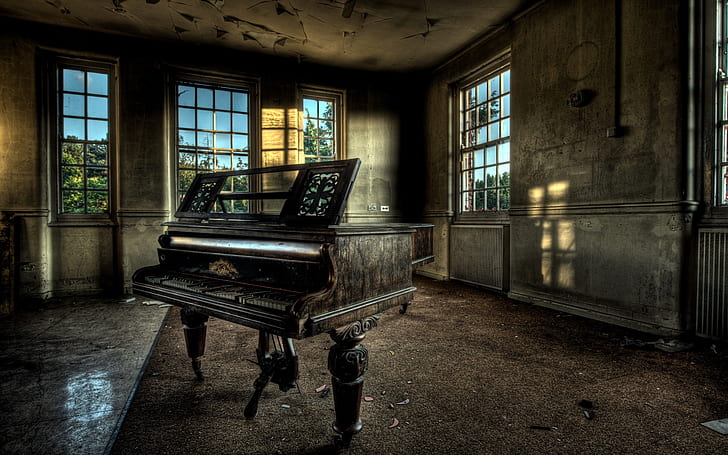 Старое пианино, черный рояль, пианино, HD обои