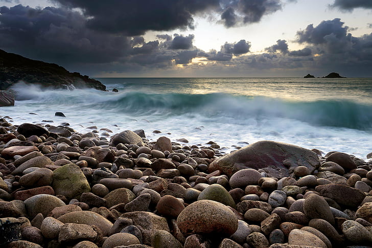 seashore stones near body of water during daytime, Incoming, seashore, stones, body of water, daytime, sky, sea, Porth Nanven, Lands End, Cornwall, landscape, seascape, beach, rocks, waves, surf  coast, sunset, clouds, nature, rock - Object, wave, coastline, water, cloud - Sky, scenics, outdoors, HD wallpaper
