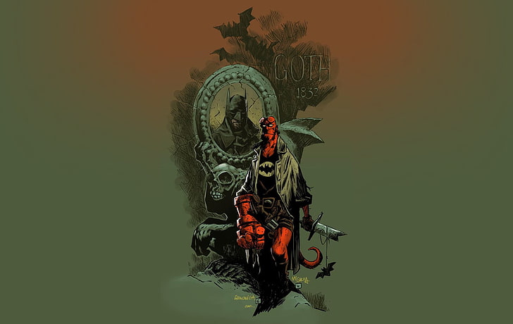 Hellboy illustration, Hellboy, comic art, Batman, HD wallpaper