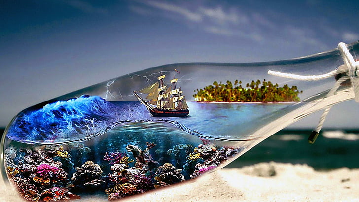 world in bottle, bottle, ship, sea, digital art, HD wallpaper