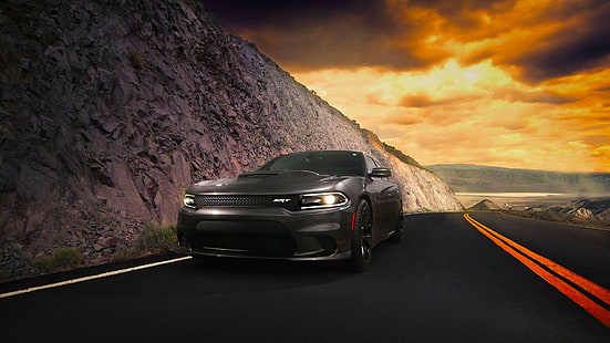 Dodge, Charger, SRT, black dodge charger, Dodge, SRT, American, 2015, Hellcat, Car, Front, Clouds, Charger, Route, HD wallpaper HD wallpaper