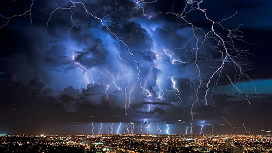natt, stad, blixtar, storm, moln, natur, scenario, katastrof, blå, HD tapet HD wallpaper