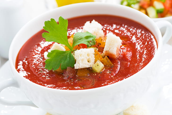 soup, vegetables, tomato, crackers, gazpacho, HD wallpaper