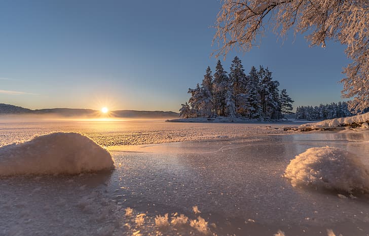 ฤดูหนาว หิมะ ต้นไม้ พระอาทิตย์ขึ้น รุ่งอรุณ เกาะ น้ำแข็ง ตอนเช้า นอร์เวย์ เบอร์เกน ภูเขา замёрзший залив, Залив Нордосваннет, Nordåsvannet, วอลล์เปเปอร์ HD