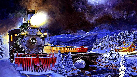 зима, ночь, переезд, поезд, свет, снег, деревья, живопись, HD обои HD wallpaper