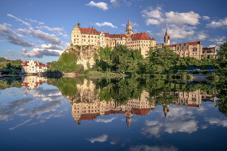 trees, reflection, river, castle, Germany, Baden-Württemberg, Sigmaringen Castle, Danube River, Sigmaringen, The Danube River, HD wallpaper