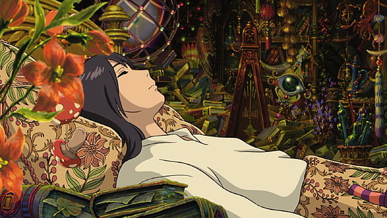 ilustracja snu ruchomego zamku howl, Studio Ghibli, Ruchomy zamek Hauru, zamknięte oczy, anime, dziewczyny z anime, Tapety HD HD wallpaper