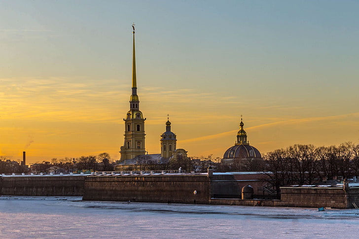 architecture, beach, beauty, castle, city, clouds, delight, historical, history, neva, paint, palace, quay, river, russia, sky, snow, st petersburg, st petersburg russia, stroll, sunset, symbol, tower, water, winter, HD wallpaper