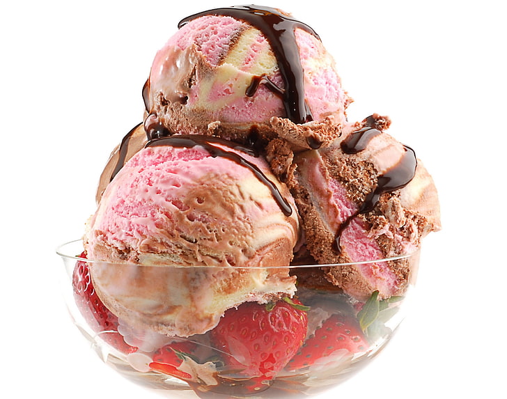 strawberry ice cream, ice cream, fruit, berries, HD wallpaper