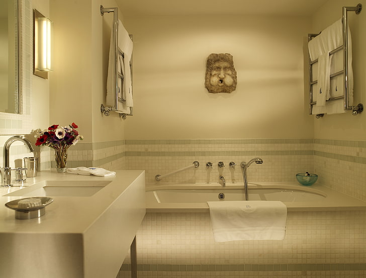 бяла керамична вана, стая, баня, интериорен дизайн, стил, дизайн, HD тапет