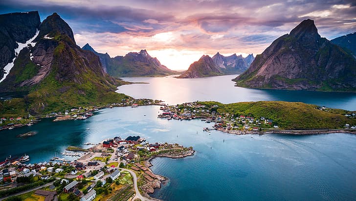 Lofoten Islands, Norway, landscape, water, mountains, HD wallpaper
