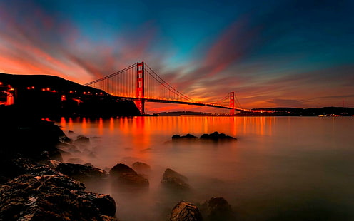 Мост при залез слънце, пролив, светлини, мост златна порта, камъни, вечер, Калифорния, град, залез, Сан Франциско, HD тапет HD wallpaper